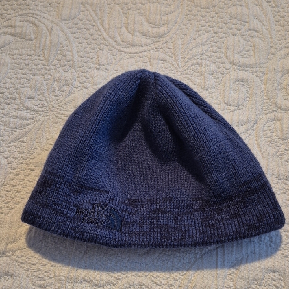 North Face 1 size blue knit beanie fleece inner bottom band EUC